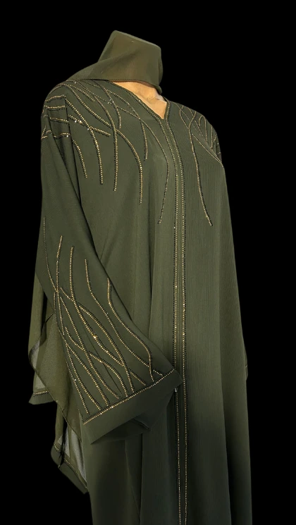 Abaya Lalla Doha verte olive, broderies dorées